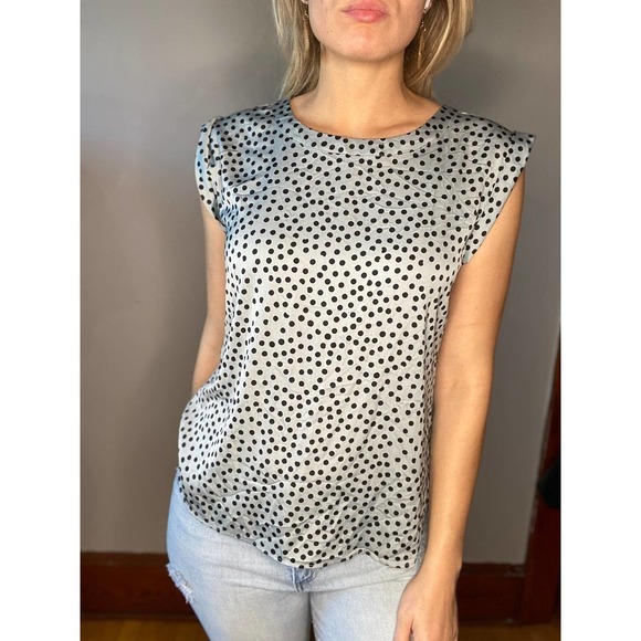 Ann Taylor Egg Shell Blue Polka Dot Sleeveless Blouse - Picture 2 of 6